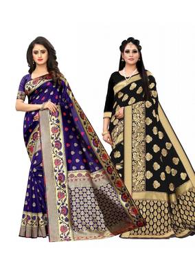 Classiques Blue & Black Saree Combos With Blouse (Pack of 2) 1