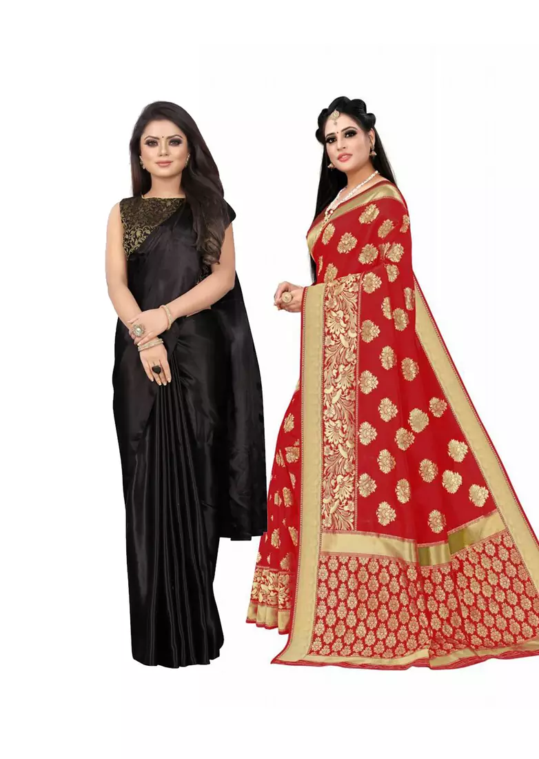 Classiques Black& Red Saree Combos With Blouse (Pack of 2)