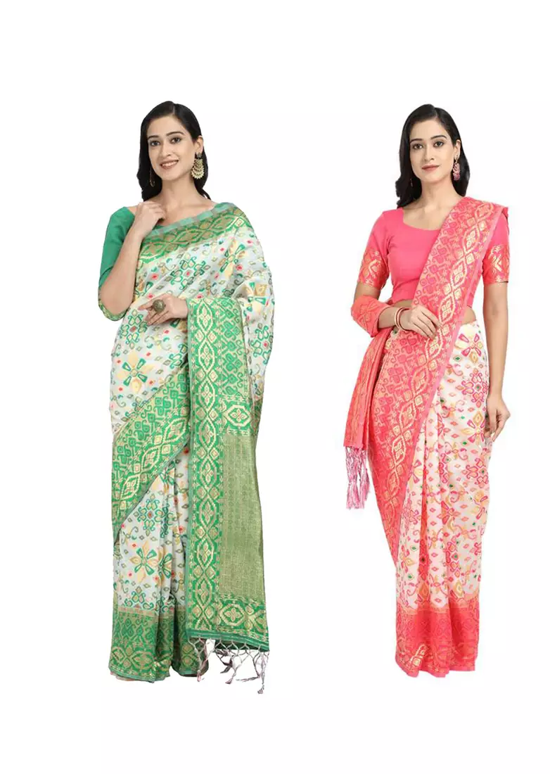 Classiques Green & Pink Saree Combos With Blouse (Pack of 2)