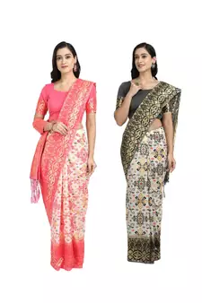 Classiques Pink & Black Saree Combos With Blouse (Pack of 2)