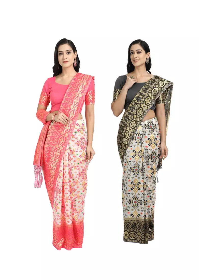 Classiques Pink & Black Saree Combos With Blouse (Pack of 2)