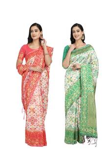 Classiques Red & Green Saree Combos With Blouse (Pack of 2)