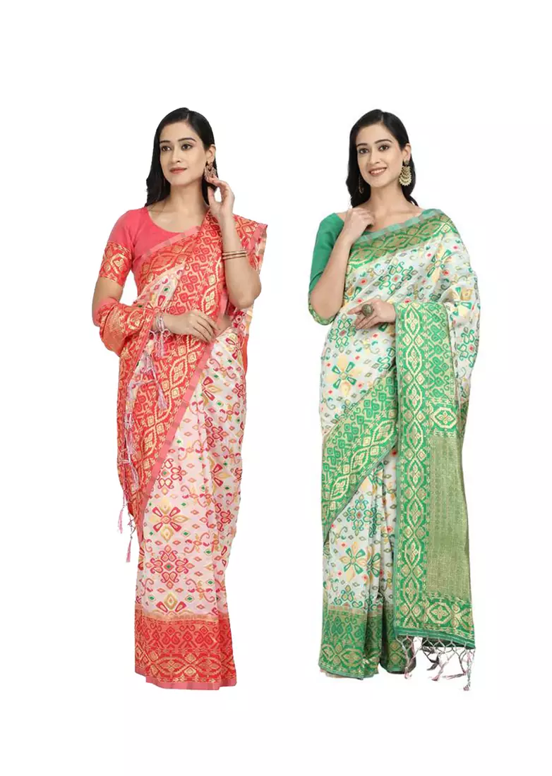 Classiques Red & Green Saree Combos With Blouse (Pack of 2)