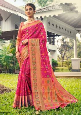 Pink woven banarasi silk saree with blouse 1