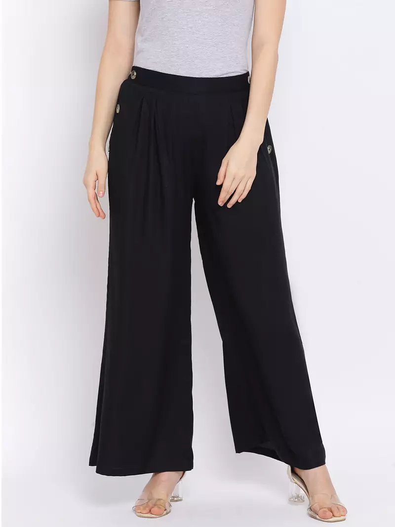Black Glare Button Women Pant