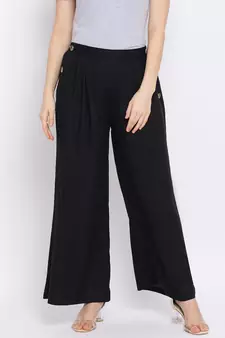 Black Glare Button Women Pant