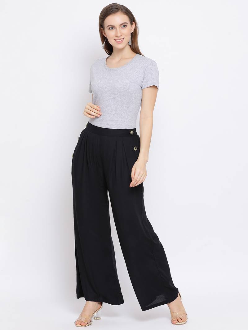 Black Glare Button Women Pant
