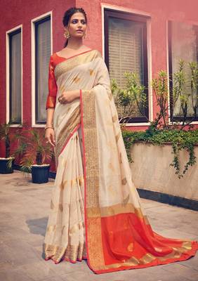 Off white woven cotton saree with blouse 1