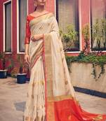 Off white woven cotton saree with blouse