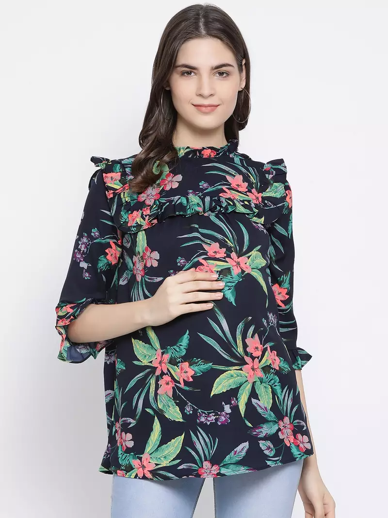 Floral Wave Ruffle Maternity Top