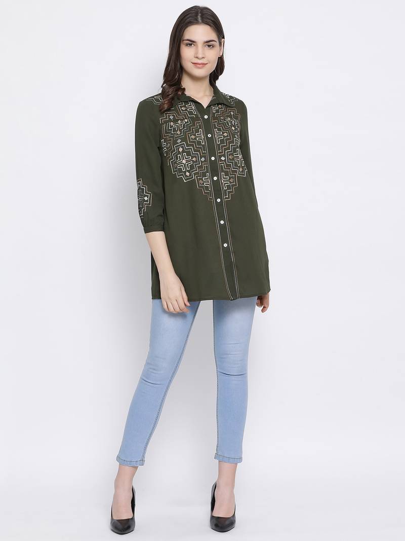 Olive Zone Picasso Embro Women Shirt