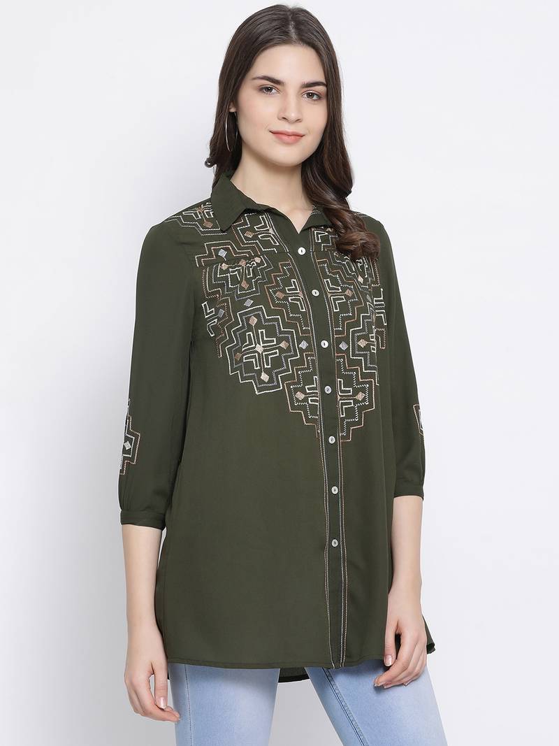 Olive Zone Picasso Embro Women Shirt