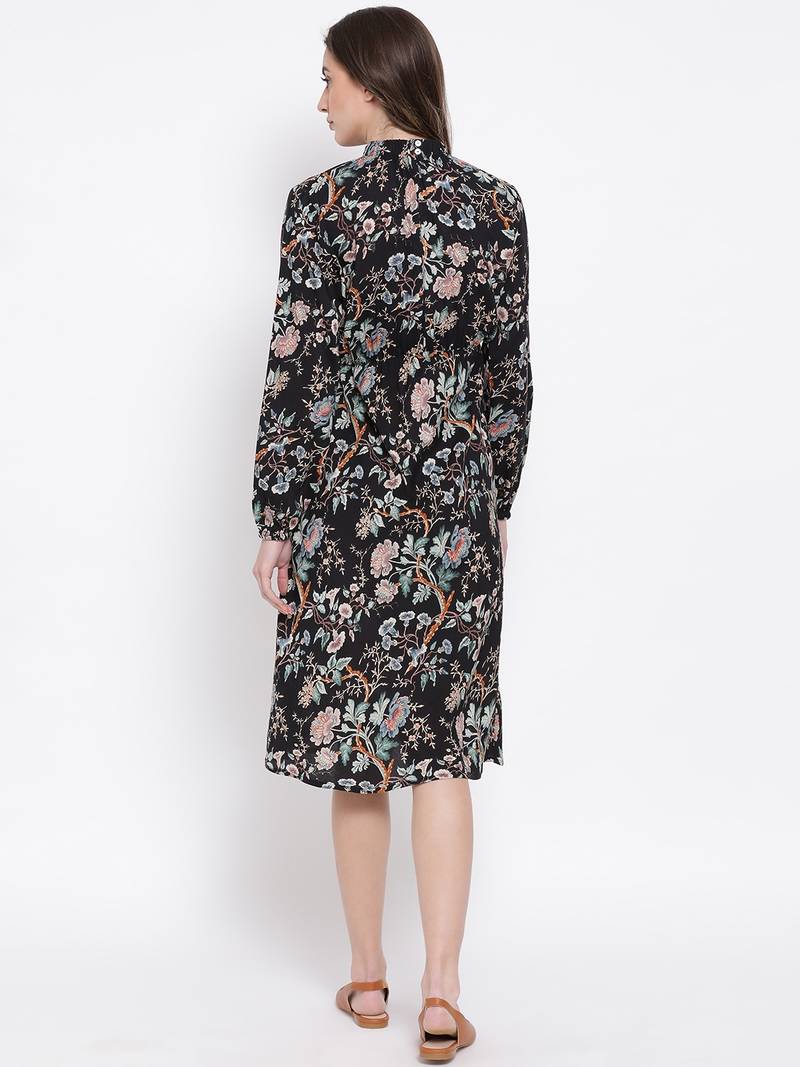 Floral Dectorial Caution Midi Maternity Dress