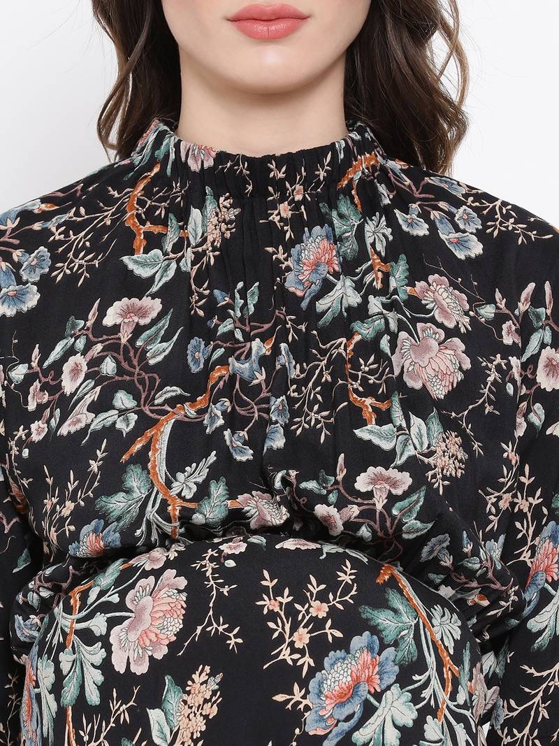 Floral Dectorial Caution Midi Maternity Dress