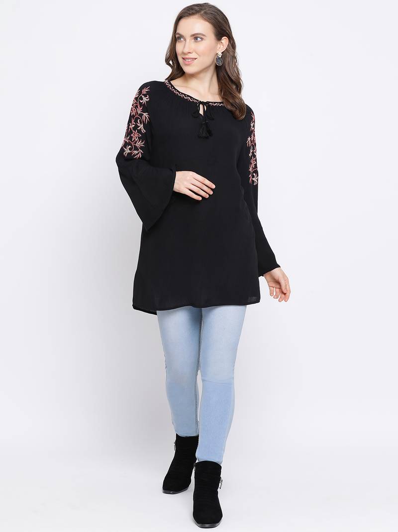 Black Wave Embroidered Women Top