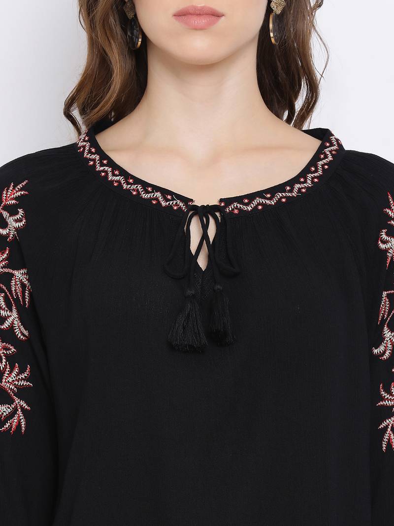 Black Wave Embroidered Women Top