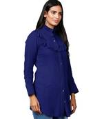 Dark Blue Shirt with Ruffle Yoke and Cuff in Summer Cool