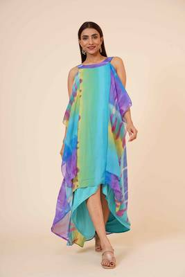 Women's Halter Neck Ruffle Drape Printed Georgette Party/ Evening Dress in Multicolor 1