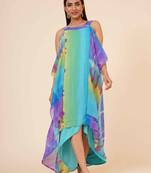 Women's Halter Neck Ruffle Drape Printed Georgette Party/ Evening Dress in Multicolor