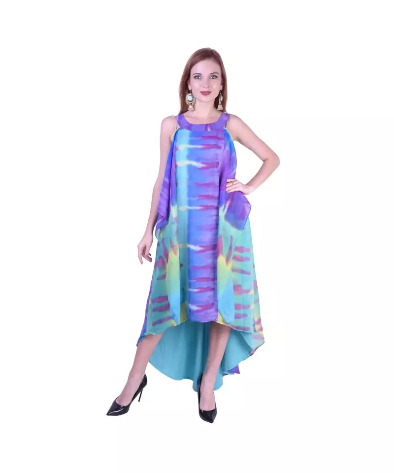 Women's Halter Neck Ruffle Drape Printed Georgette Party/ Evening Dress in Multicolor