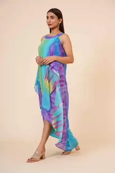 Women's Halter Neck Ruffle Drape Printed Georgette Party/ Evening Dress in Multicolor