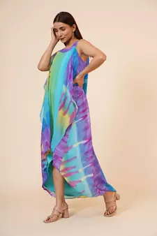 Women's Halter Neck Ruffle Drape Printed Georgette Party/ Evening Dress in Multicolor