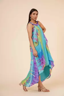 Women's Halter Neck Ruffle Drape Printed Georgette Party/ Evening Dress in Multicolor