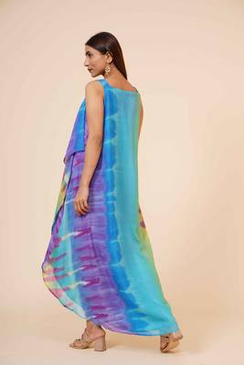 Women's Halter Neck Ruffle Drape Printed Georgette Party/ Evening Dress in Multicolor 5