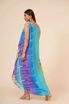 Women's Halter Neck Ruffle Drape Printed Georgette Party/ Evening Dress in Multicolor