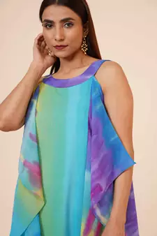 Women's Halter Neck Ruffle Drape Printed Georgette Party/ Evening Dress in Multicolor