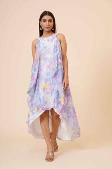 Women's Halter Neck Ruffle Drape Floral Printed Georgette Party/ Evening Dress in Multicolor