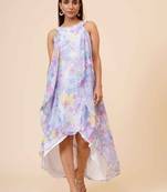 Women's Halter Neck Ruffle Drape Floral Printed Georgette Party/ Evening Dress in Multicolor