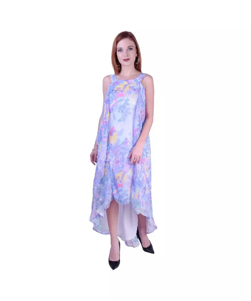 Women's Halter Neck Ruffle Drape Floral Printed Georgette Party/ Evening Dress in Multicolor