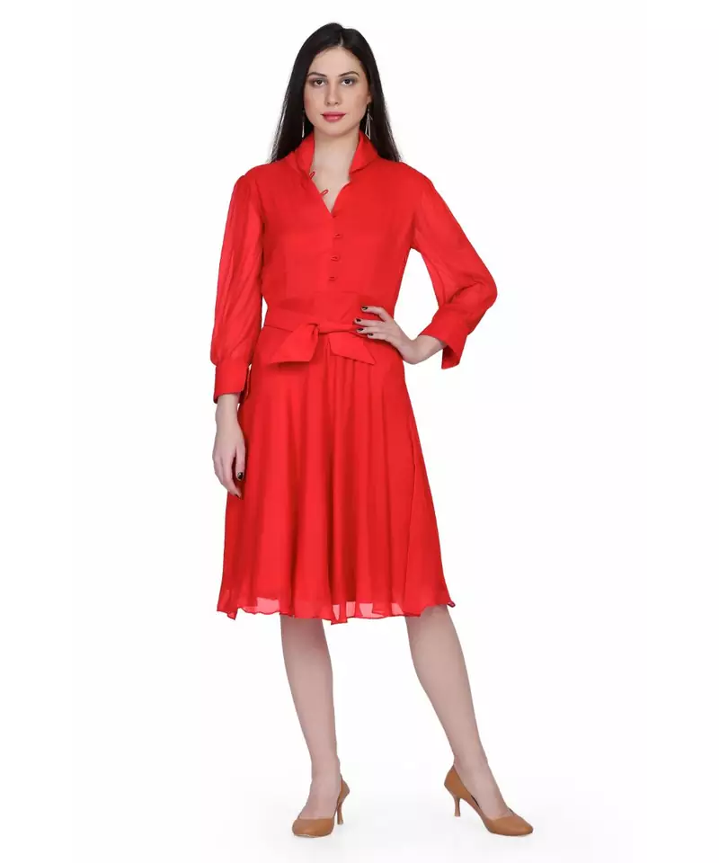 Women's Red Chiiffon Casual Midi Dress