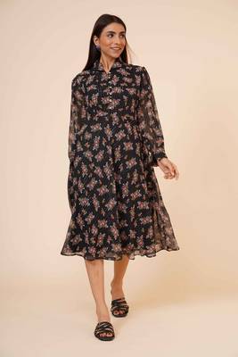 Women's Printed Black Chiiffon Casual Midi Dress 1