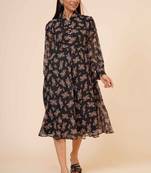 Women's Printed Black Chiiffon Casual Midi Dress