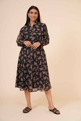 Women's Printed Black Chiiffon Casual Midi Dress 2