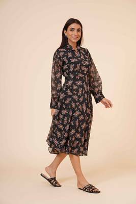 Women's Printed Black Chiiffon Casual Midi Dress 3
