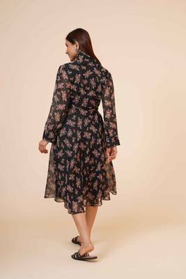 Women's Printed Black Chiiffon Casual Midi Dress 4
