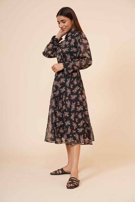 Women's Printed Black Chiiffon Casual Midi Dress 5