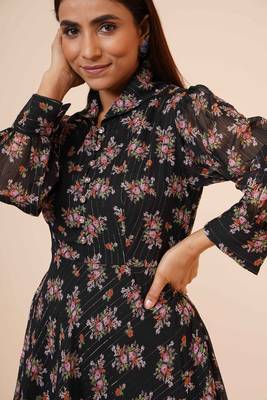 Women's Printed Black Chiiffon Casual Midi Dress 6