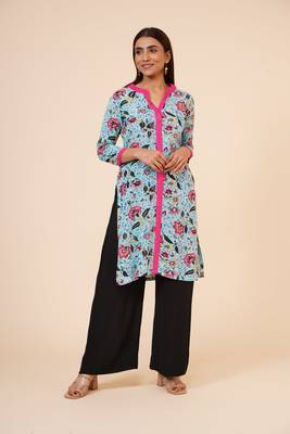 Women's Indian Kurti with Buttoned Placket and Round Mandarin  Collar 2