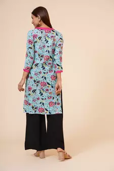 Women's Indian Kurti with Buttoned Placket and Round Mandarin  Collar