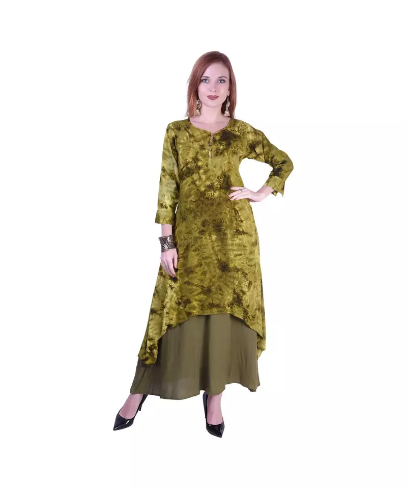 Women's Indian tie n dye Kurti with wooden Button Placket and Cuff