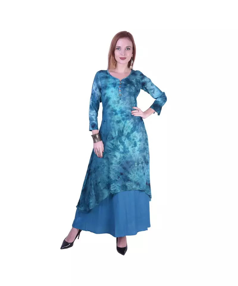 Women's Indian tie n dye Kurti with wooden Button Placket and Cuff
