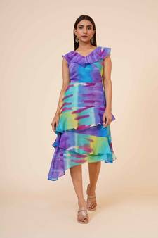 Women's Printed Georgette  Ruffle Party Evening  Dress