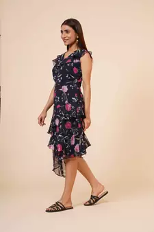 Women's Printed Georgette  Ruffle Party Evening  Dress