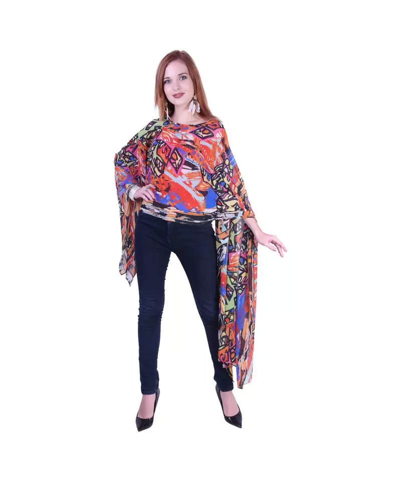 Women's Digital Printed Georgette Party Long Asymmetrical Kimono Sleeves Top with Inner