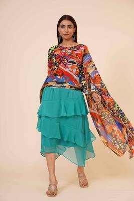 Women's Digital Printed Georgette Party Long Asymmetrical Kimono Sleeves Top with Inner 2