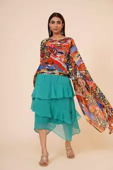 Women's Digital Printed Georgette Party Long Asymmetrical Kimono Sleeves Top with Inner